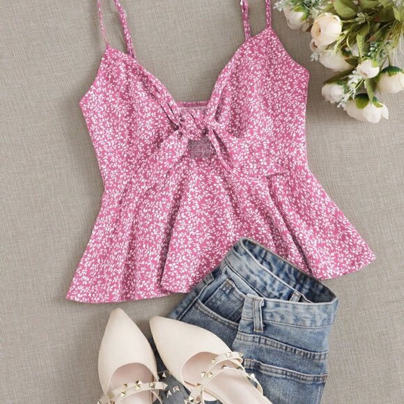 . Tops - Pink Boho Womens Full-Printed Plant Pattern Tie Front Cami Top